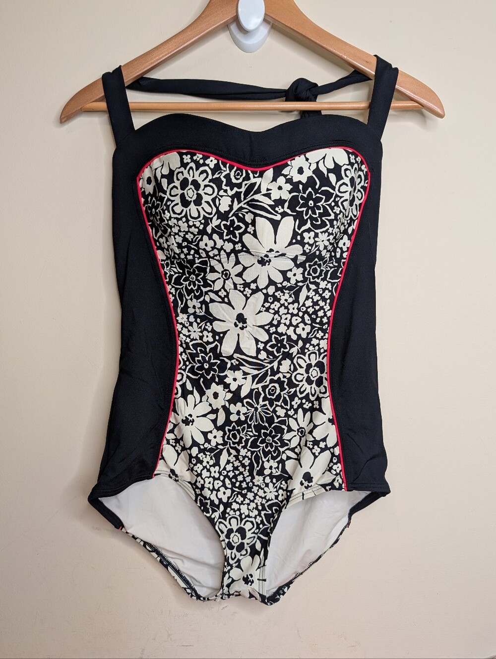Kate Spade New York Swimsuit Womens L One Piece Black Floral Red Piping